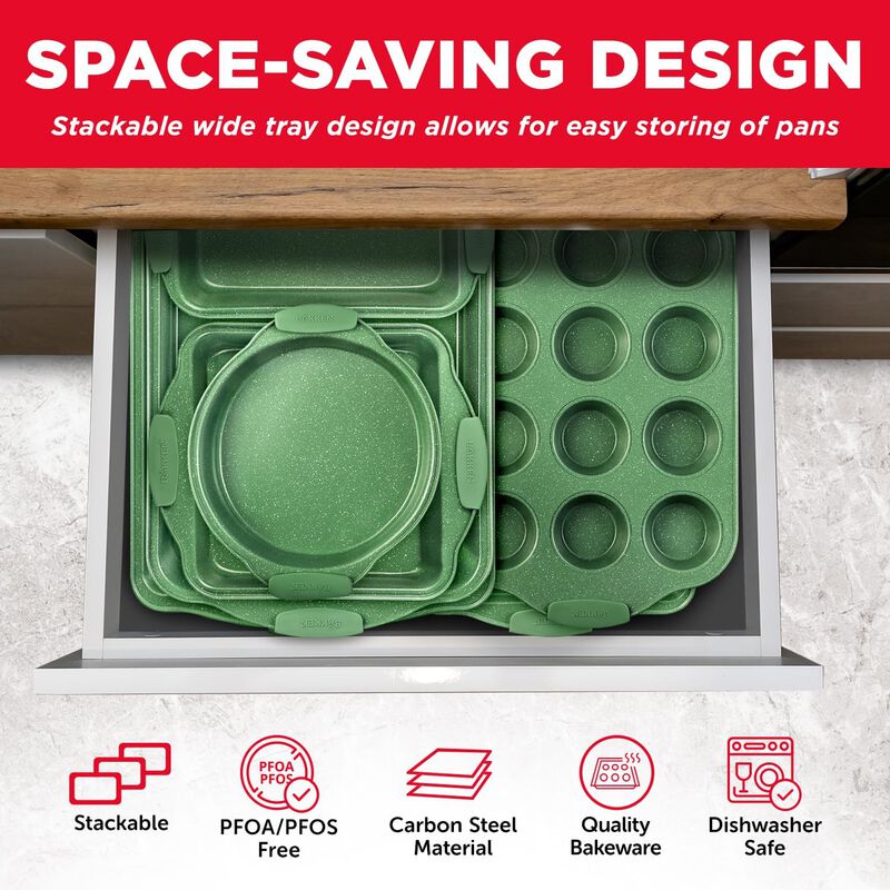 BAKKEN Kitchen Baking Pan Set - Nonstick Coating, Carbon Steel Bakeware Sets with Silicone Handles, Baking Kitchen Essentials, PFOA, PFOS, PTFE Free, Oven Safe Tray (Up To 450° F), Set of 8