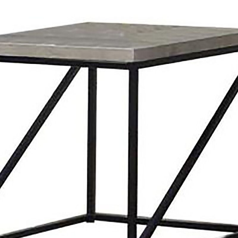 Industrial Style Minimal End Table With Wooden Top And Metallic Base, Gray-Benzara