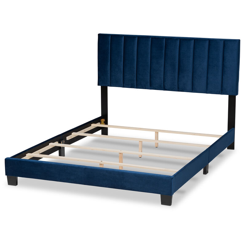 Baxton Studio Clare Velvet Upholstered Queen Size Panel Bed with Channel Tufted Headboard