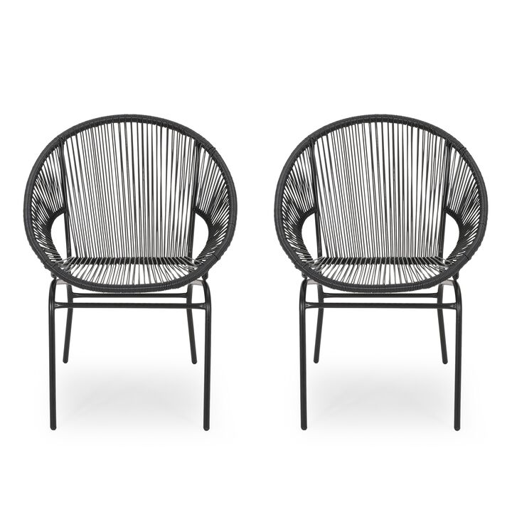 Sanu Outdoor Accent Chair Set of 2, PE Rattan, Black Iron, Round Backrests