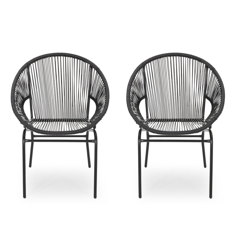 Sanu Outdoor Accent Chair Set of 2, PE Rattan, Black Iron, Round Backrests