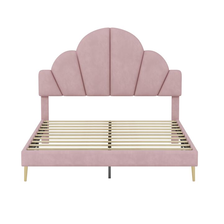 Merax Modern Velvet Platform Bed with Petal Shape Headboard