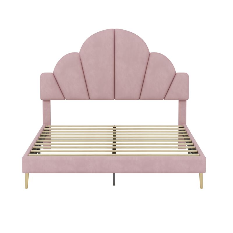 Merax Modern Velvet Platform Bed with Petal Shape Headboard