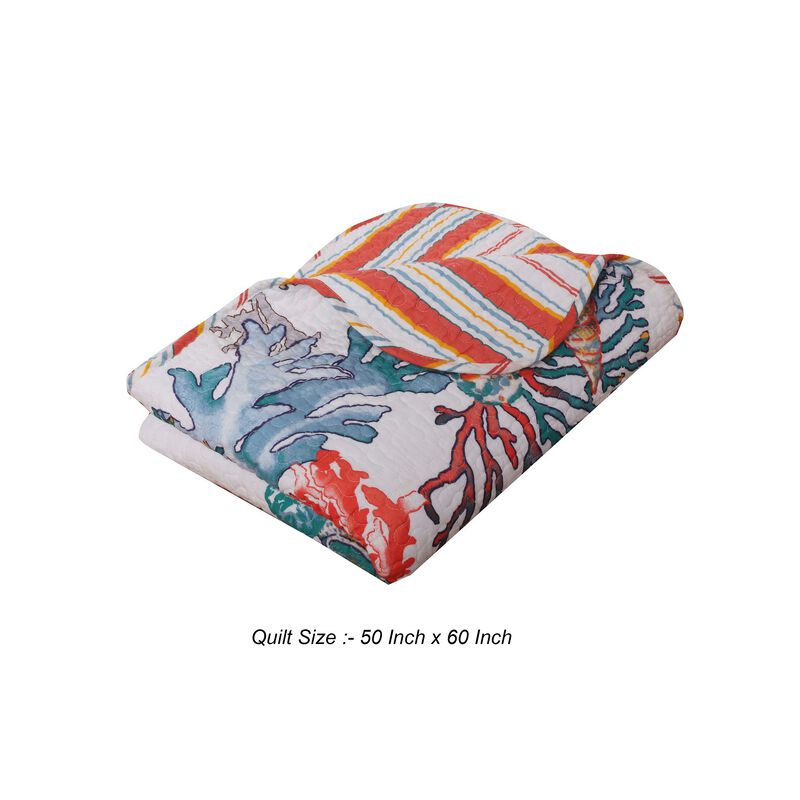 Wade 50 x 60 Quilted Throw Blanket with Fill, Corals and Seashells Design - Benzara