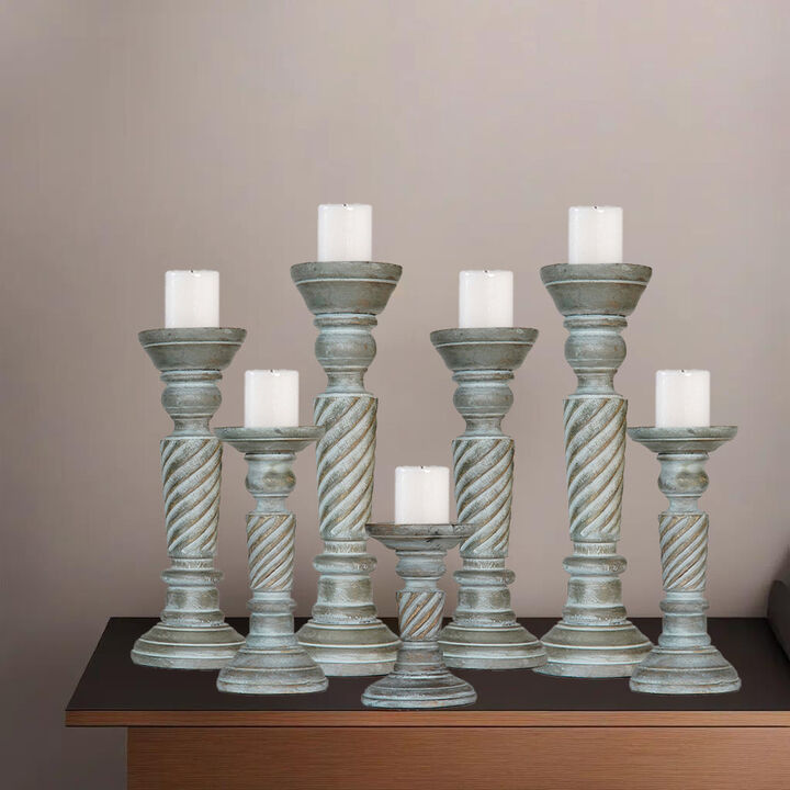 Traditional Antique Dusk Eco-friendly Handmade Mango Wood Set Of Seven 15",12",9",6",9",12" & 15" Pillar Candle Holder BBH Homes