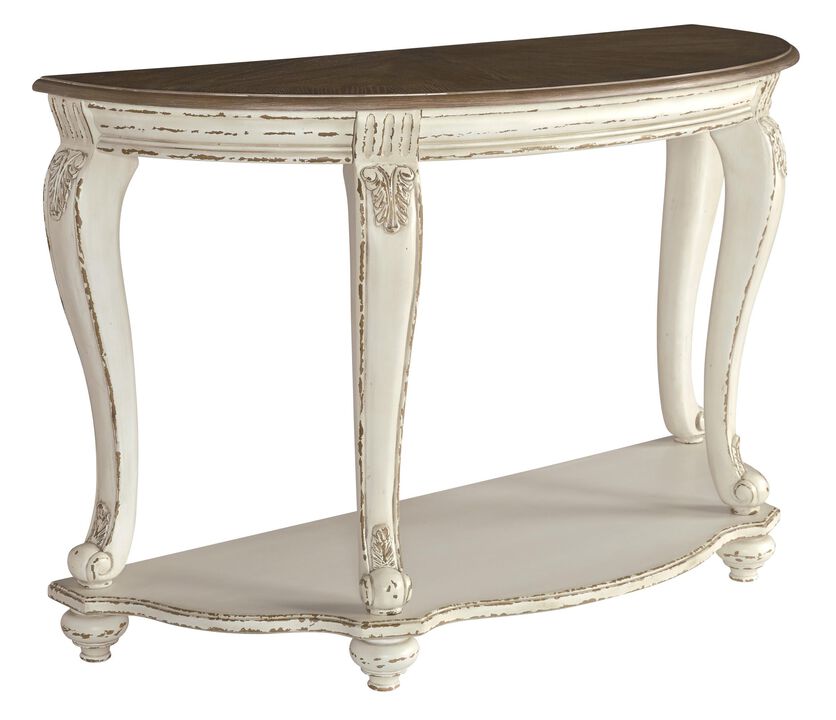 Crescent Moon Wooden Sofa Table with Engraved Details, Brown and White-Benzara