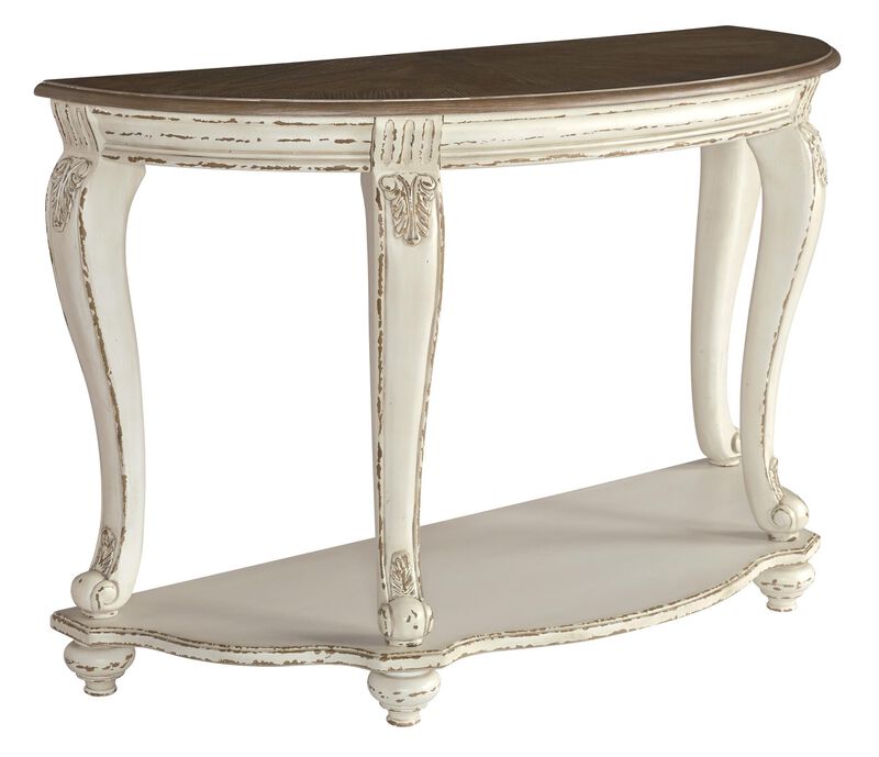 Crescent Moon Wooden Sofa Table with Engraved Details, Brown and White-Benzara