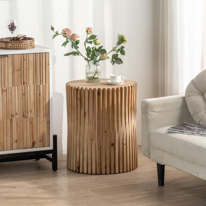Retro Fashion Style Cylindrical Coffee Table With Vertical Texture Relief Design, Suitable