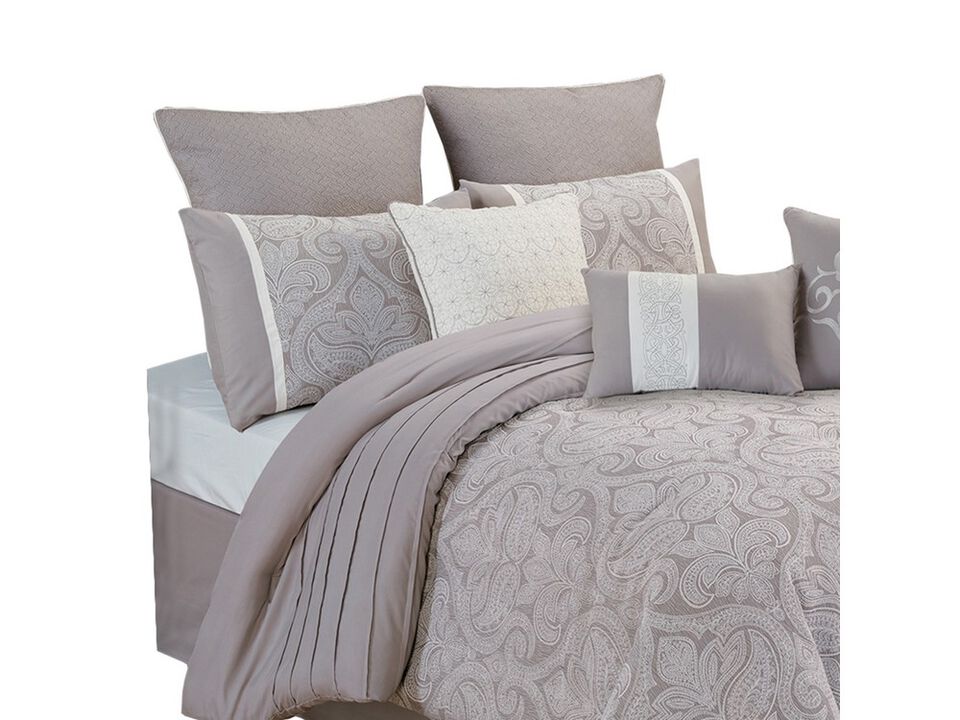 King Size 10 Piece Fabric Comforter Set with Medallion Prints, White - Benzara