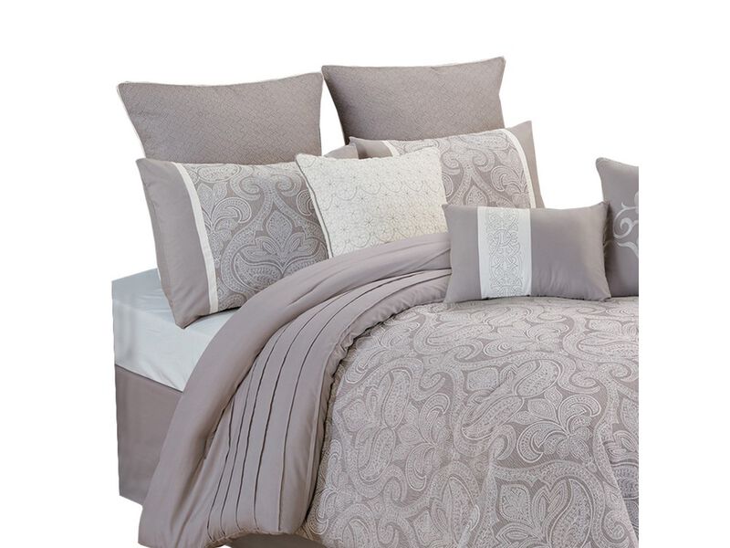 King Size 10 Piece Fabric Comforter Set with Medallion Prints, White - Benzara