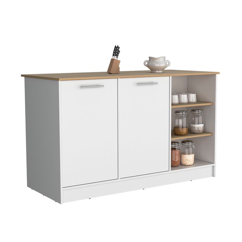 Mars Kitchen Island With Two Cabinets and Three open Shelves, White/Natural Oak