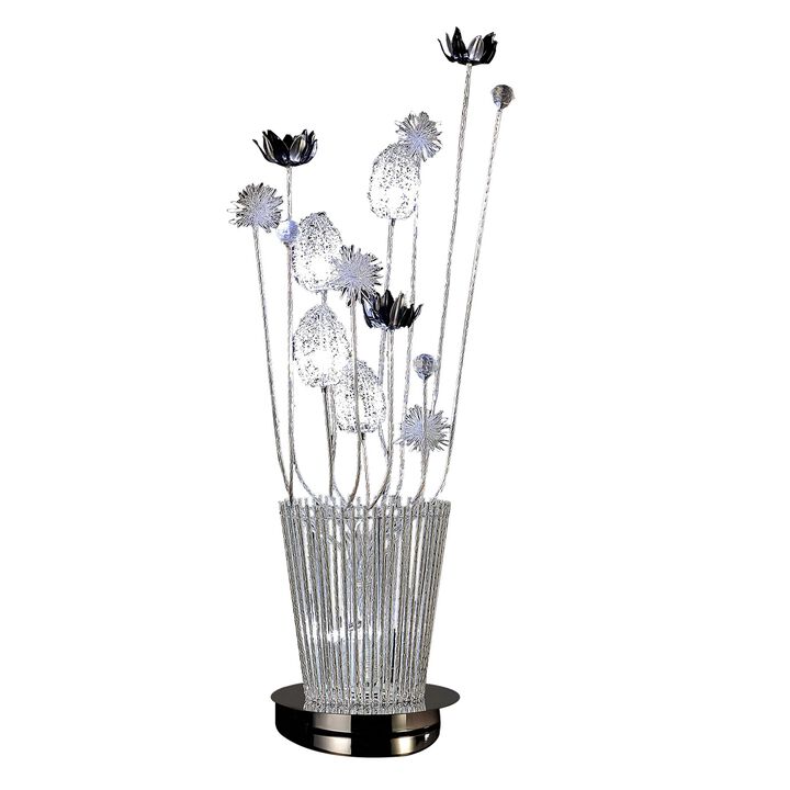 26 Inch Accent Table Lamp, Flower Vase Design, Metal, Chrome Finish - Benzara