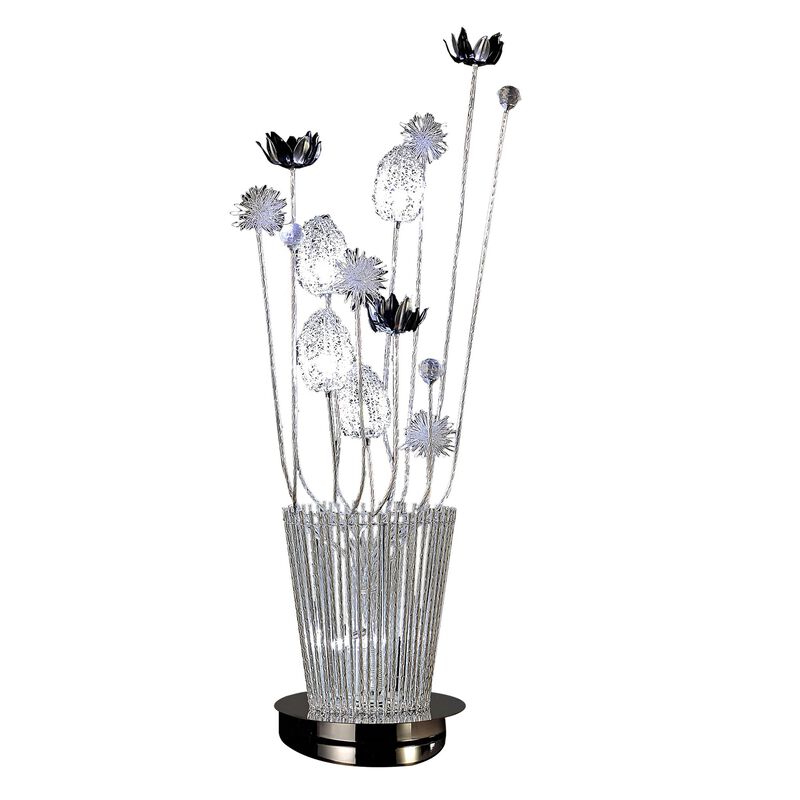 26 Inch Accent Table Lamp, Flower Vase Design, Metal, Chrome Finish - Benzara