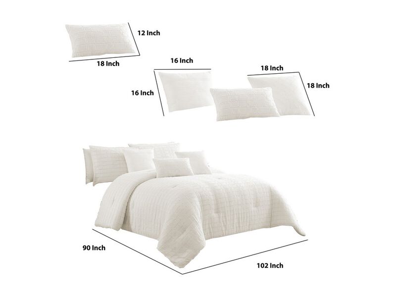 6 Piece Cotton King Comforter Set with Fringe Details, White - Benzara