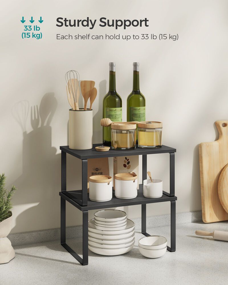 Expandable and Stackable Cabinet Shelf Organizer – Metal and Bamboo Kitchen Counter Shelves, Set of 2