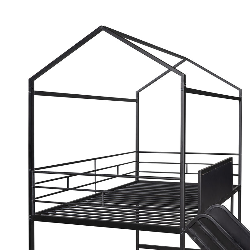 Metal House Bed With Slide, Twin Size Metal Loft Bed With Two-Sided Writable Wooden Board