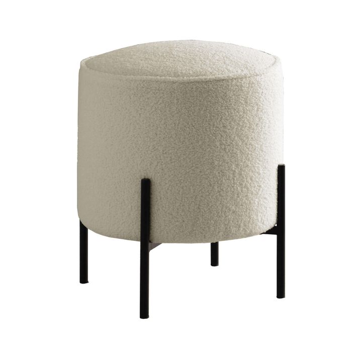 18 Inch Modern Foam Ottoman, Beige Faux Sheep Skin, Matte Black Metal Legs-Benzara