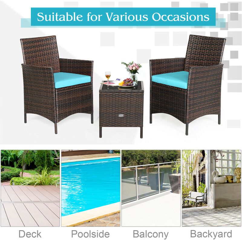 3 Pieces Patio Rattan Conversation Set with Glass Top Coffee Table and Cushions