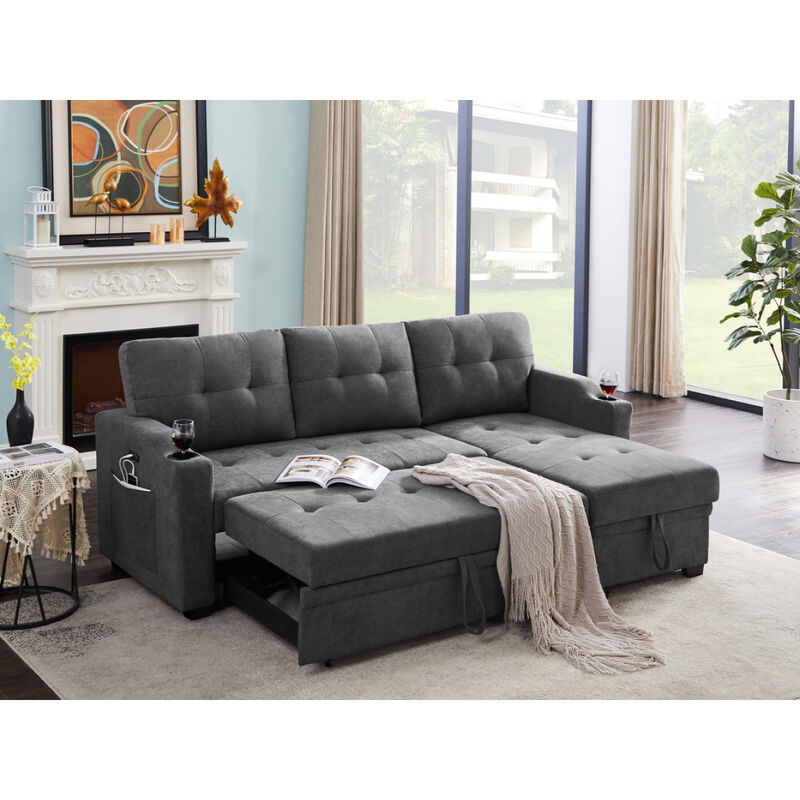 Mabel Dark Gray Woven Fabric Sleeper Sectional With Cup Holder, USB Charging Port And Pocket