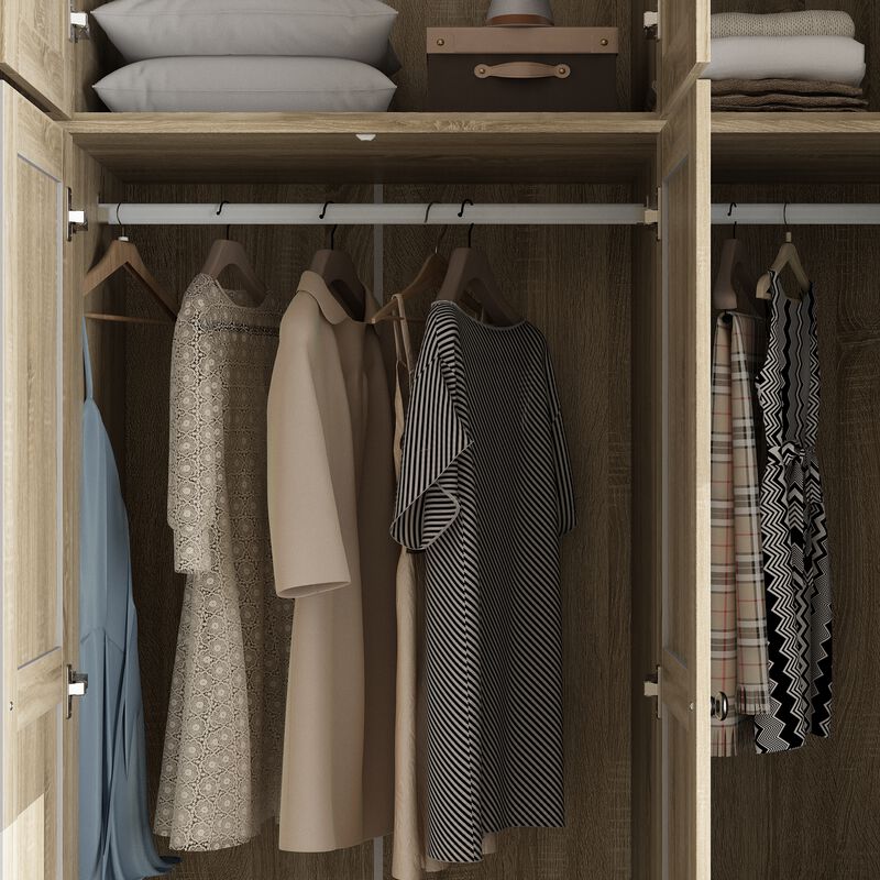 FUFU&GAGA Wood Grain Rattan Doors Design Armoires Wardrobe with 4-Drawers, 2-Hanging Rods  (59.1" W x 19" D x 94.5" H),Brown