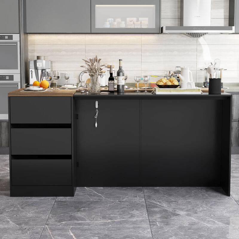 FUFU&GAGA Black Mdf Base with Mdf Top Kitchen Island (36.6-in x 77.6-in x 30.3-in),Black