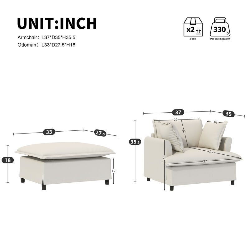 Merax Chenille Single Sofa with 1 Movable Ottoman