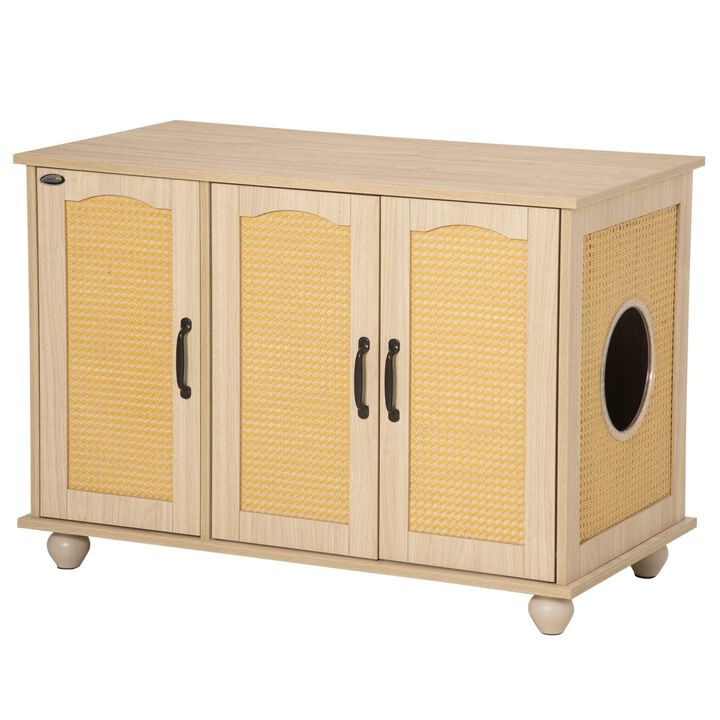 Oak Pet Furniture: Cat Litter Box Side Table with Rattan Detail