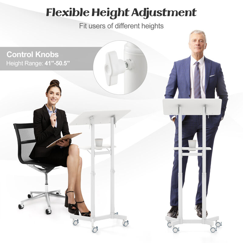 Mobile Lectern Podium Height-adjustable Rolling Laptop Cart with Tilting Top Storage Tray