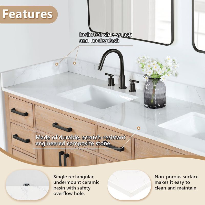 Altair Ceres 84. in engineered Stone Vanity Top in Grain White with Double White Sink