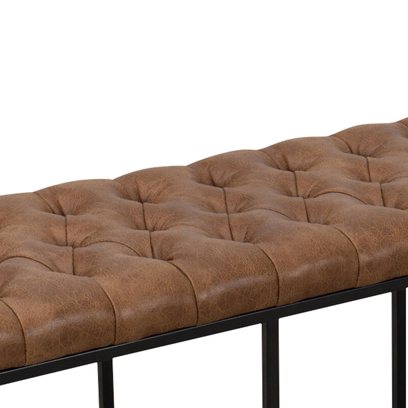 Leatherette Upholstered Bench with Button Tufted Cushioned Seat and Metal Base, Brown-Benzara