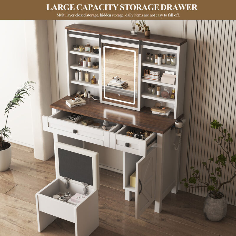 Large Vanity Desk with Lighted Sliding Mirror, Charging Station, Shelves & Drawers