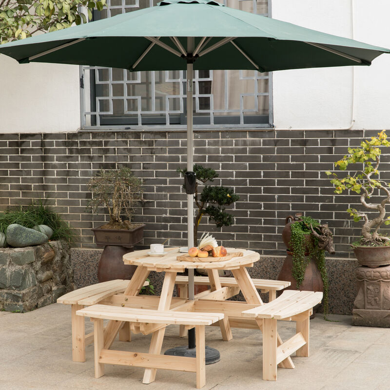 Wooden Outdoor Patio Garden Round Picnic Table with Bench, 8 Person - Stained