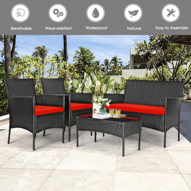 Hivvago 4 Pieces Patio Rattan Cushioned Sofa Set with Tempered Glass Coffee Table