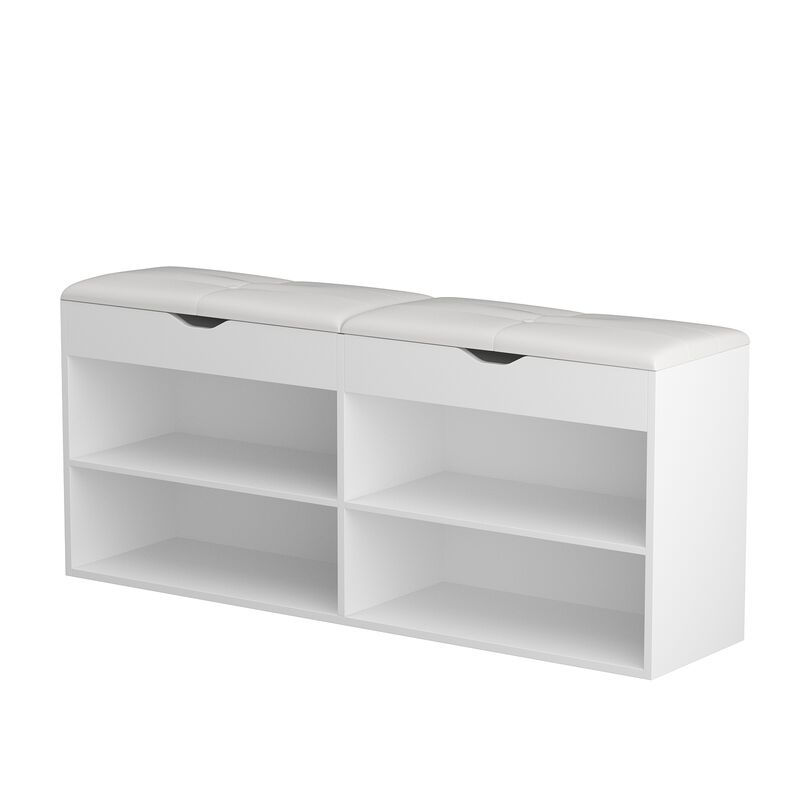 21.2 in. H x 47.2 in. W, White Wooden Shoe Storage Cabinet with Seating Cushion Open Shelf and Hiden Place (for 8 Pairs)