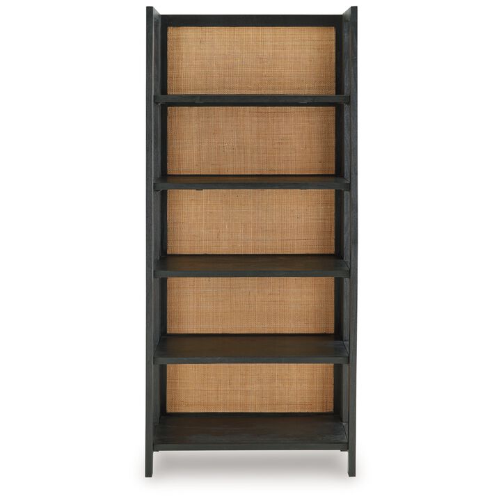 Bookcase, 70 Inch, 5 Wood Storage Shelves, Black and Brown Solid Wood - Benzara