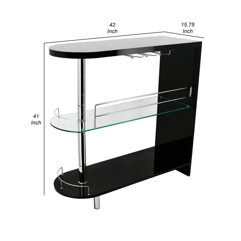 Zaina 42 Inch Modern Bar Table, 3 Shelves, Tempered Glass, Black, Chrome - Benzara