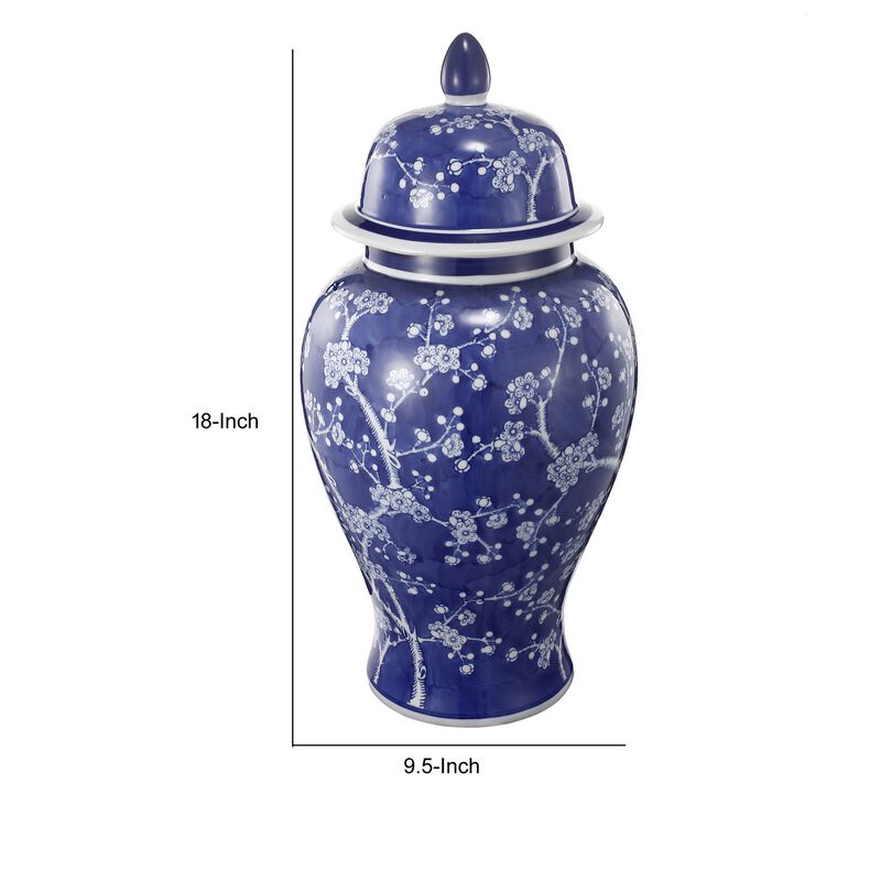 18 Inch Porcelain Ginger Jar, Finial Lid and Round Curved, Blue Flowers-Benzara