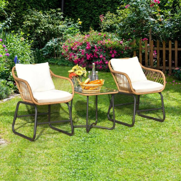 Hivvago 3-Piece Patio Bistro Set with 2 Rattan Chairs and Square Glass Coffee Table-White