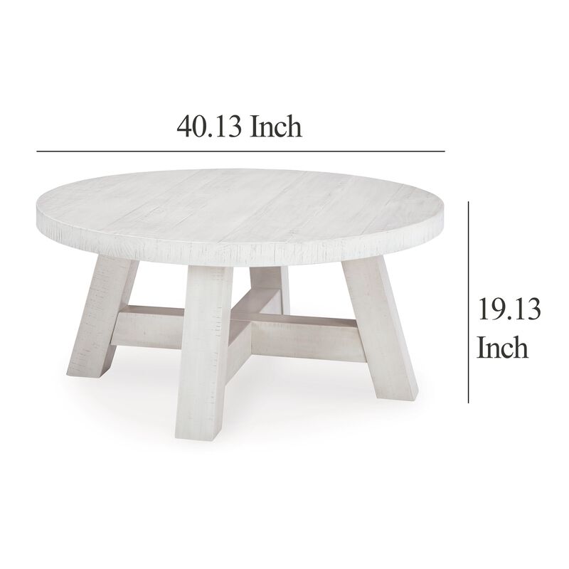 Linie Round Cocktail Coffee Table, Rustic Posts, 40 Inch White Pine - Benzara