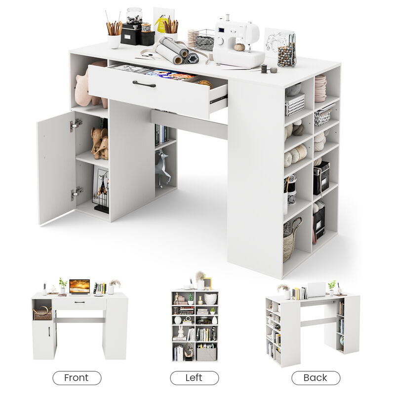 Counter Height Sewing Craft Table and Computer Desk with Adjustable Shelves and Drawer