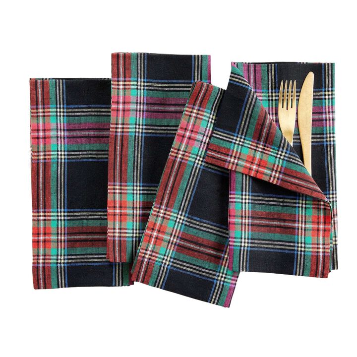 Solino Home Christmas Napkins Set of 4 - 100% Pure Linen Black Jewel Plaid Napkins 20 x 20 Inch