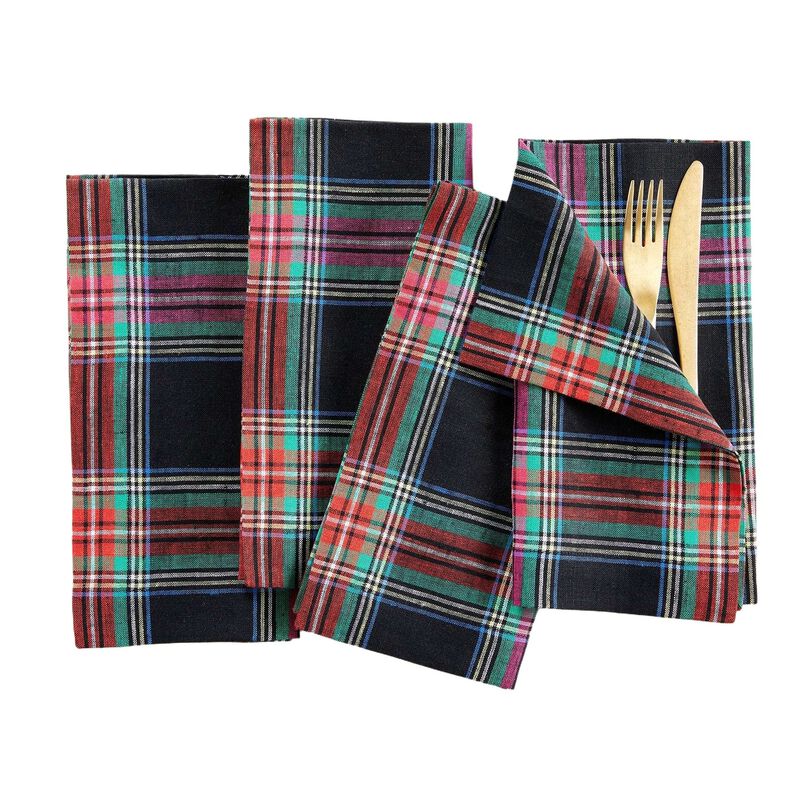 Solino Home Christmas Napkins Set of 4 - 100% Pure Linen Black Jewel Plaid Napkins 20 x 20 Inch