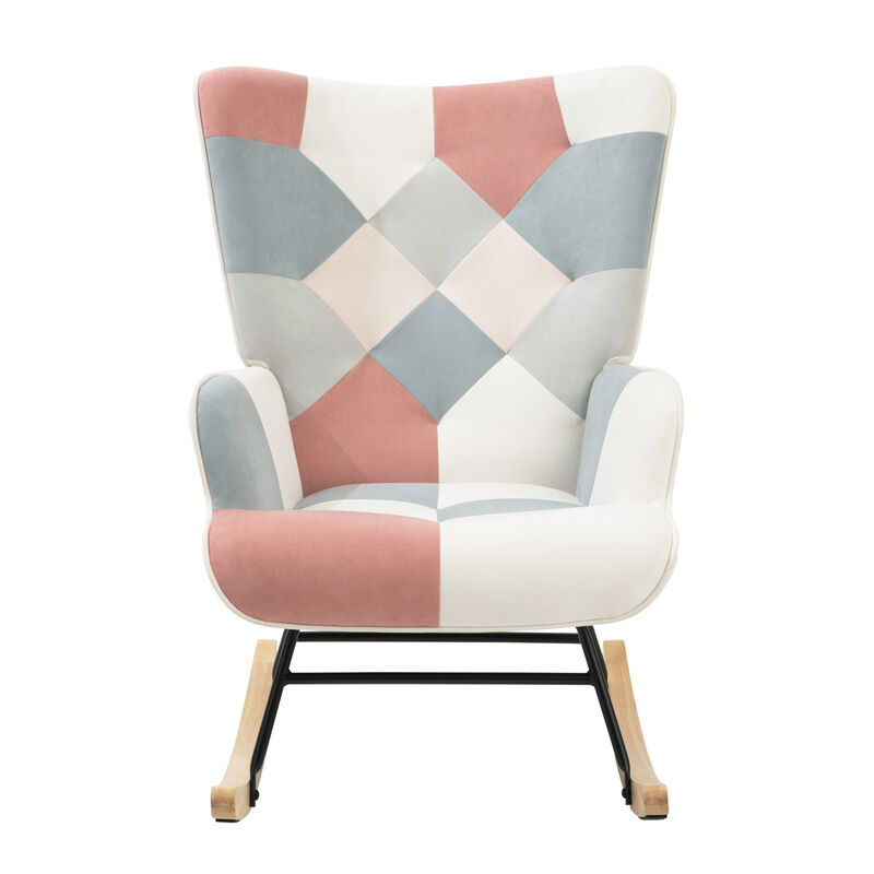 Rocking Chair ,Mid Century Fabric Rocker Chair with Wood Legs and Patchwork Linen for Livingroom Bedroom
