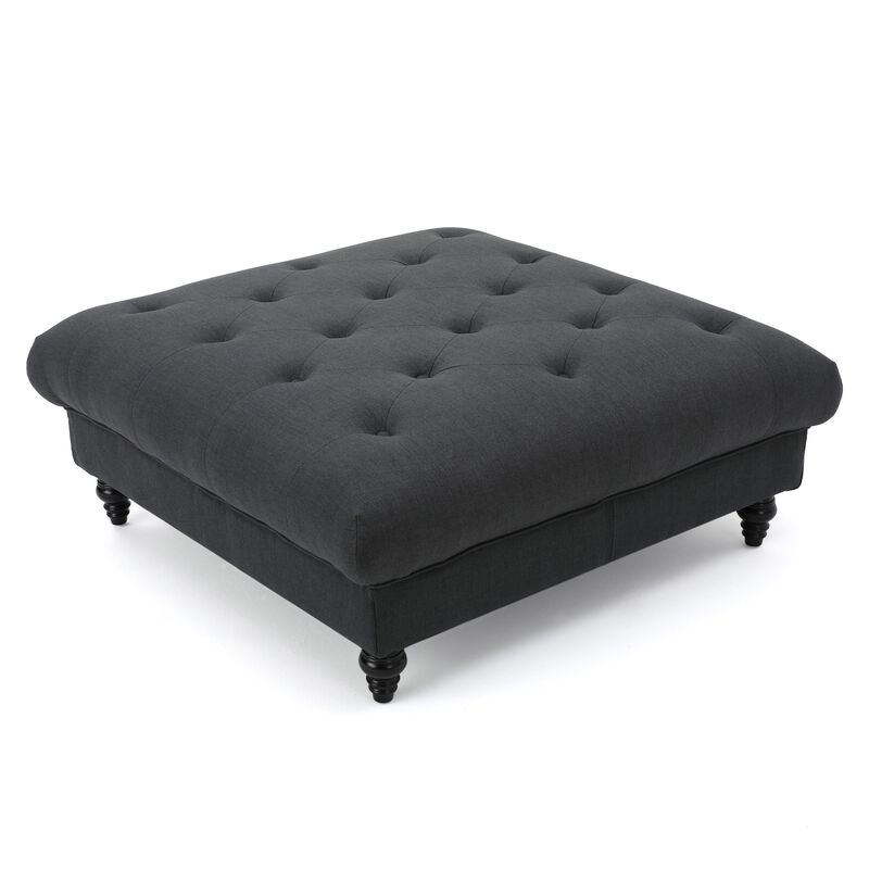 Capri Ottoman, Tufted Dark Gray Fabric, Birch Wood, Square 41 Inch -Benzara