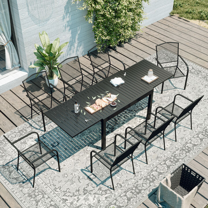 MONDAWE 9-Piece Extra Large Aluminum Telescopic Table And Chair Set With 8 Pcs Steel Mesh Dining Chairs, Black