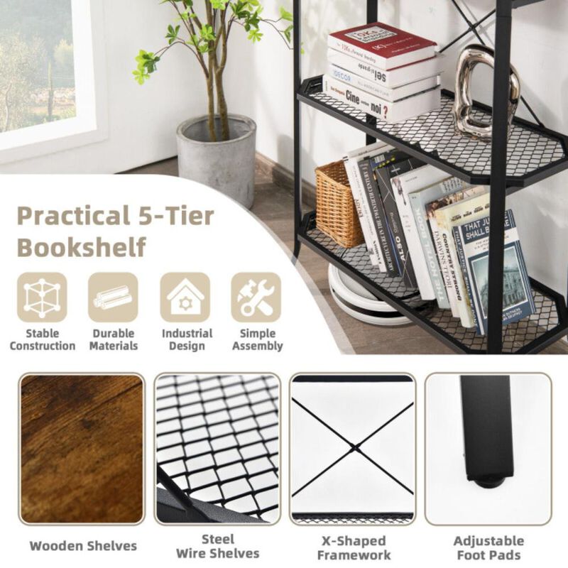 Hivvago Industrial 5-Layer Bookshelf with Out-Stretched Legs-Rustic Brown