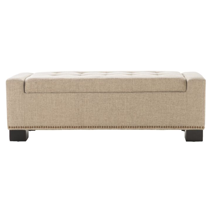 Abigail Storage Ottoman Bench, Nailhead Trim, Wheat Fabric, 51 Inch - Benzara