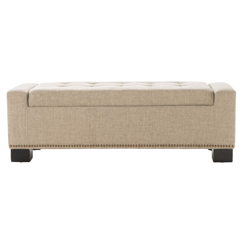 Abigail Storage Ottoman Bench, Nailhead Trim, Wheat Fabric, 51 Inch - Benzara