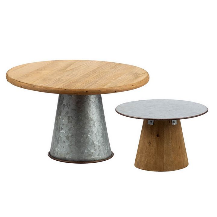 11, 15 Inch Set of 2 Serving Cake Stands, Brown Fir Wood and Gray Metal - Benzara