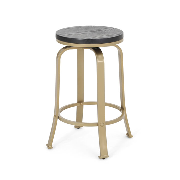 Modern Industrial Swivel Counter Stool with Faux Wood Seat